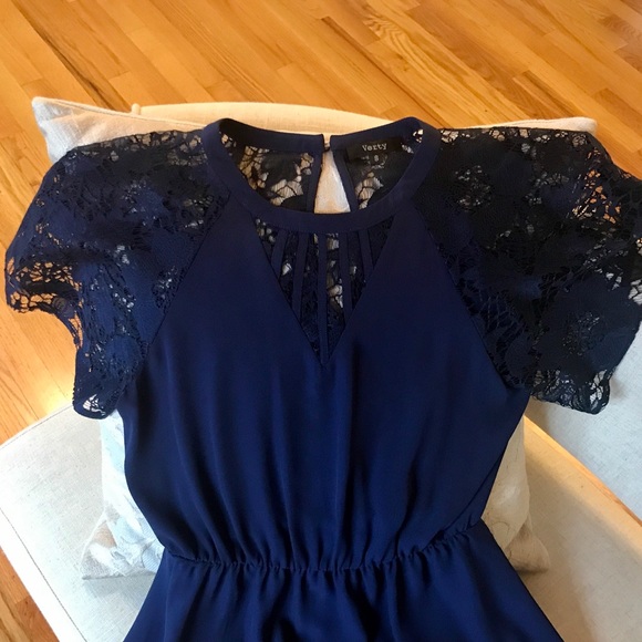 Blue lace sleeve dress, fit and flare Sz S - Picture 3 of 4